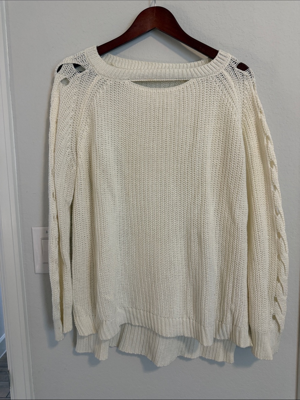 Altar'd State Cream Open-Knit Braided-Sleeve Crew Sweater